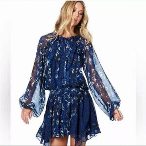 Ramy Brook Guinevere 100% Silk Navy Animal Print Long Sleeve Mini Dress Medium
